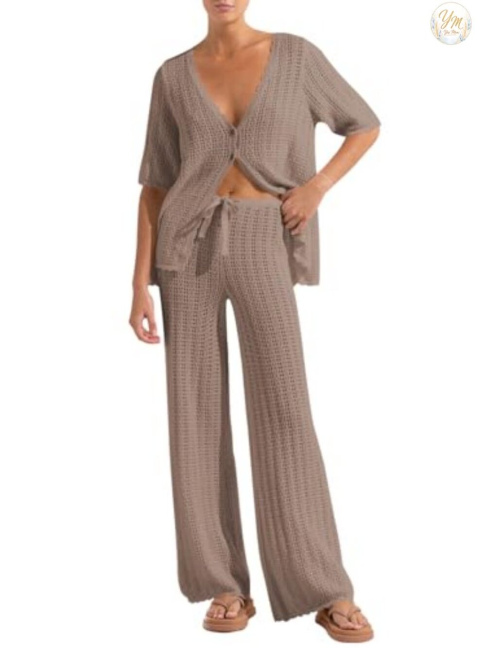 Crochet Knit 2-Piece Summer Lounge Set Short Sleeve Cardigan Wide Leg Pants